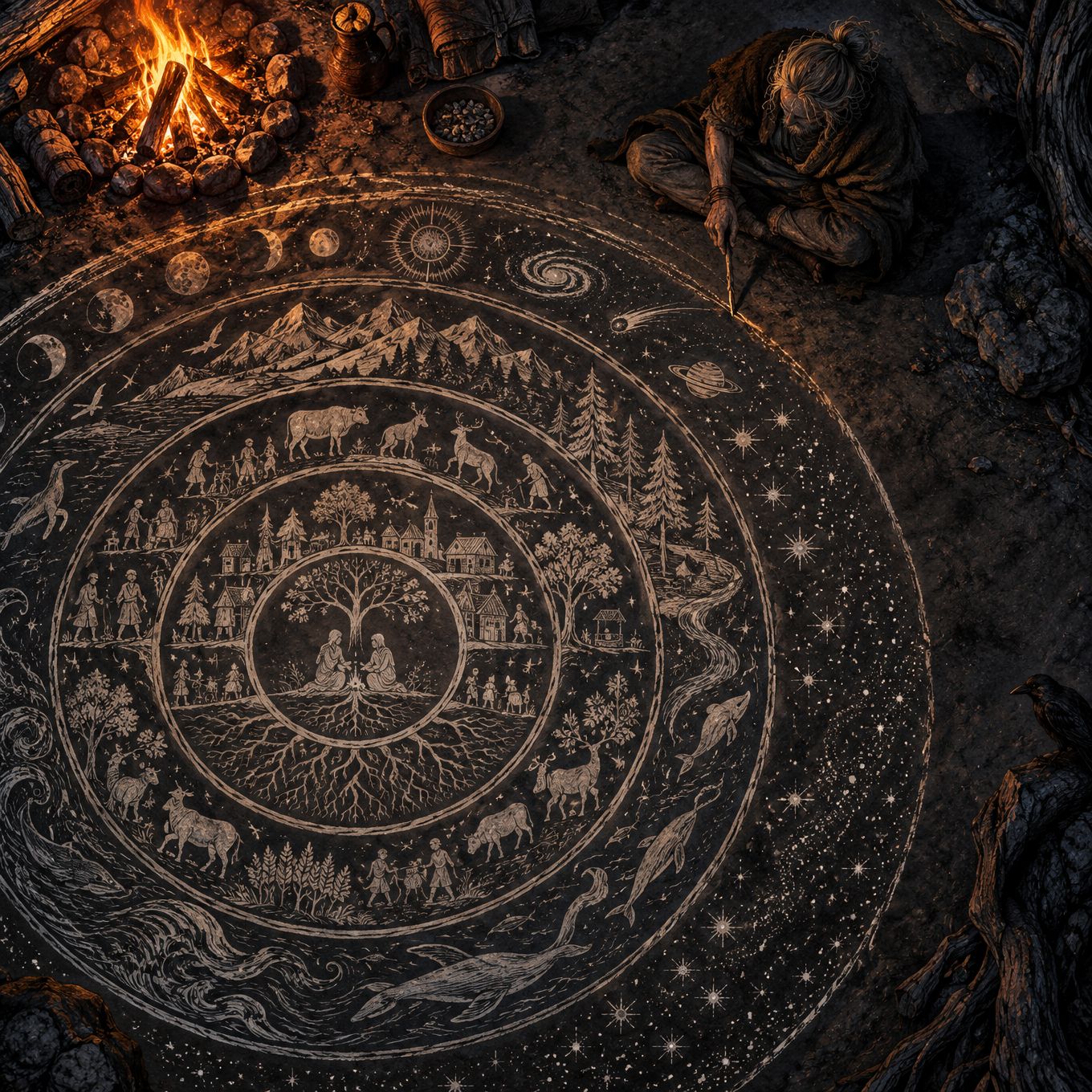 A figure kneels beside a fire, inscribing concentric rings of life into the earth around a rooted tree